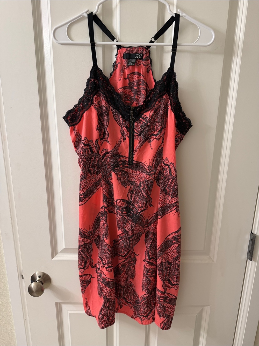 Fox Coral Mini Dress with Black Lace Trim